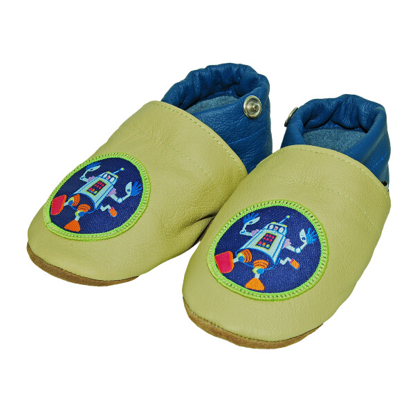 Lederpuschen Roboter grün - blau Gr 24-25 XL+ 18-24 Monate