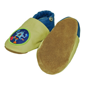 Lederpuschen Roboter grün - blau Gr 24-25 XL+ 18-24 Monate