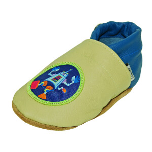 Lederpuschen Roboter grün - blau Gr 24-25 XL+ 18-24 Monate