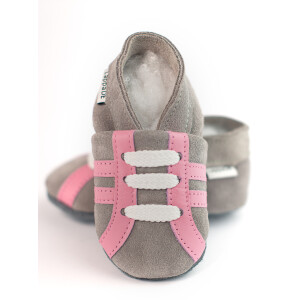 Lederpuschen Sport grau rosa Rauleder Gr 21-22 L 12-18 Monate